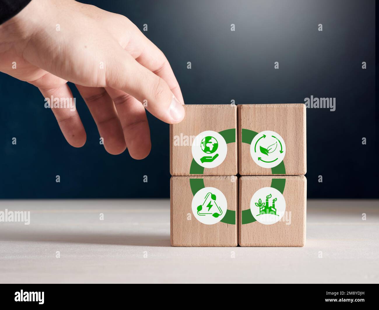 Sustainable development, environmental protection, renewable energy and circular economy concept. Male hand puts wooden cubes with circular economy ic Stock Photo