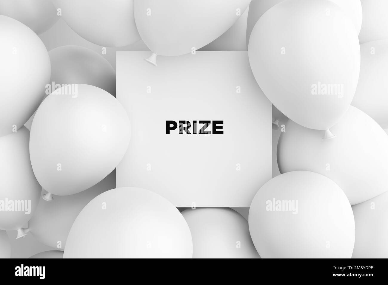 White sign or frame with the word prize surrounded with white balloons. Winning a prize, award achievement and trophy reward concept. 3D rendering. Stock Photo