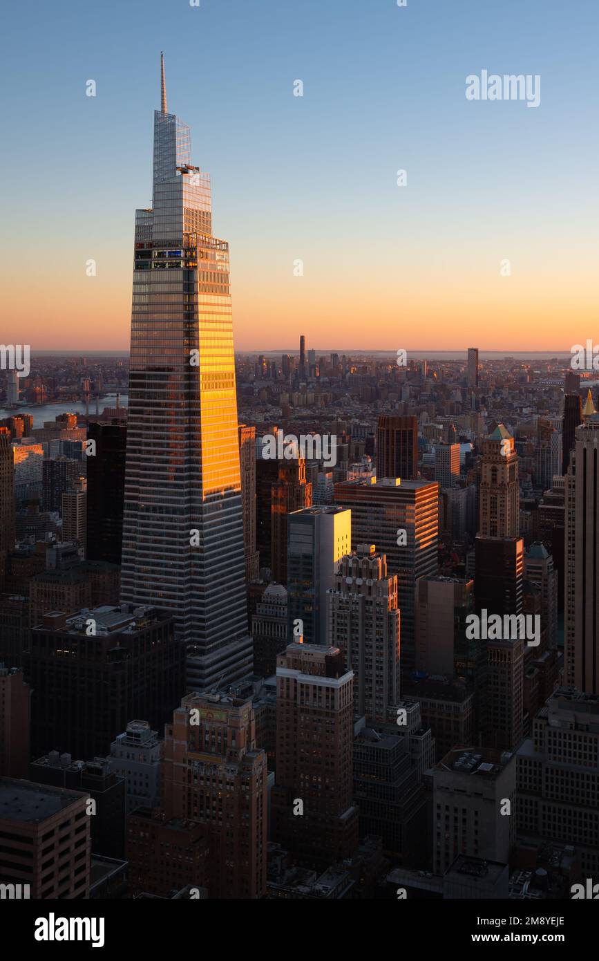 New York City aerial view of One Vanderbilt at sunset. Supertall skyscraper located on 42nd Street in Midtown Manhattan Stock Photo