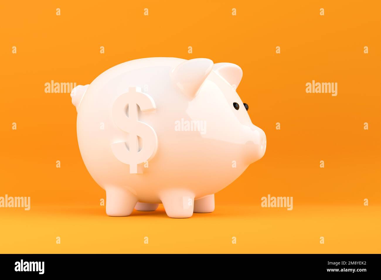 White piggy bank with a dollar symbol on yellow background. Saving money, financial investment and household budget concepts. 3D rendering. Stock Photo