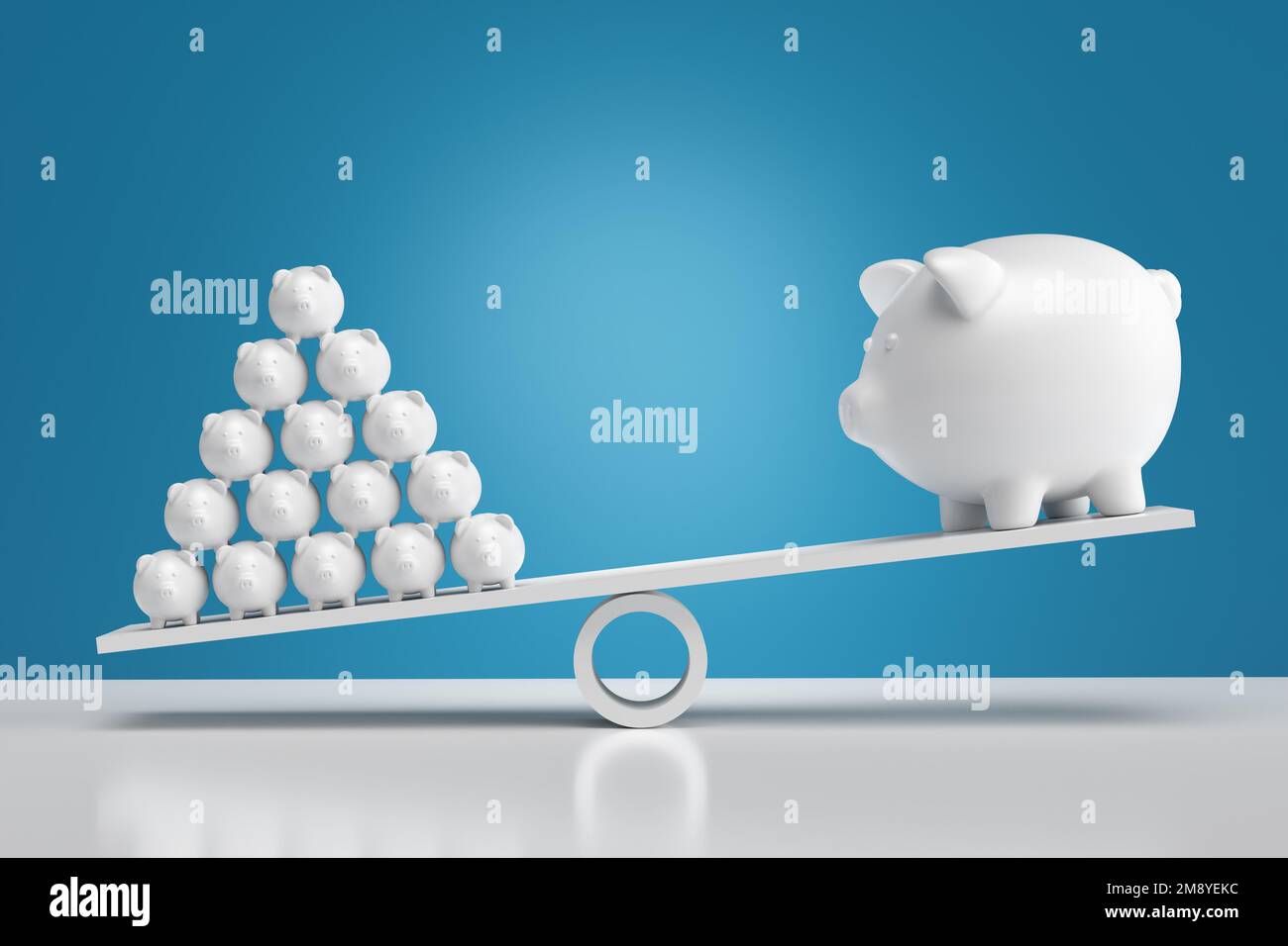 Solidarity and teamwork in business. Financial distribution and savings. Group of small piggy banks pyramid tower outweighs the big piggy bank on a se Stock Photo
