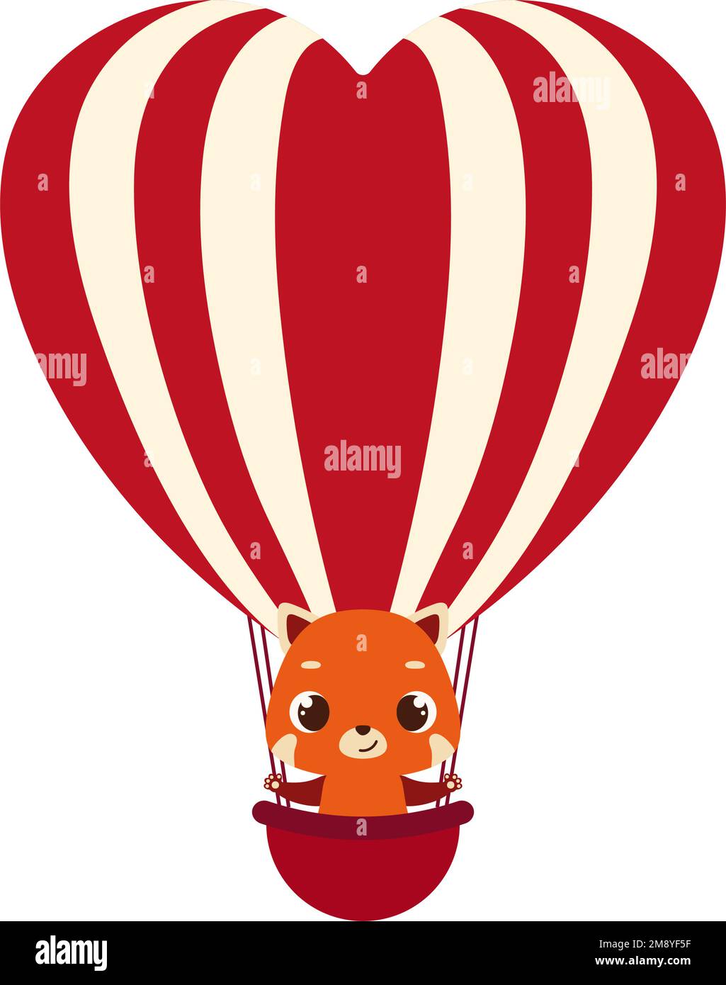Cute little red panda fly on heart hot air balloon. Cartoon animal