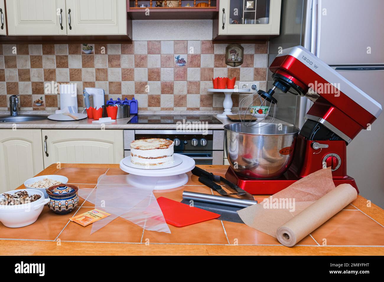 desktop and pastry chef tools at home production Stock Photo Alamy