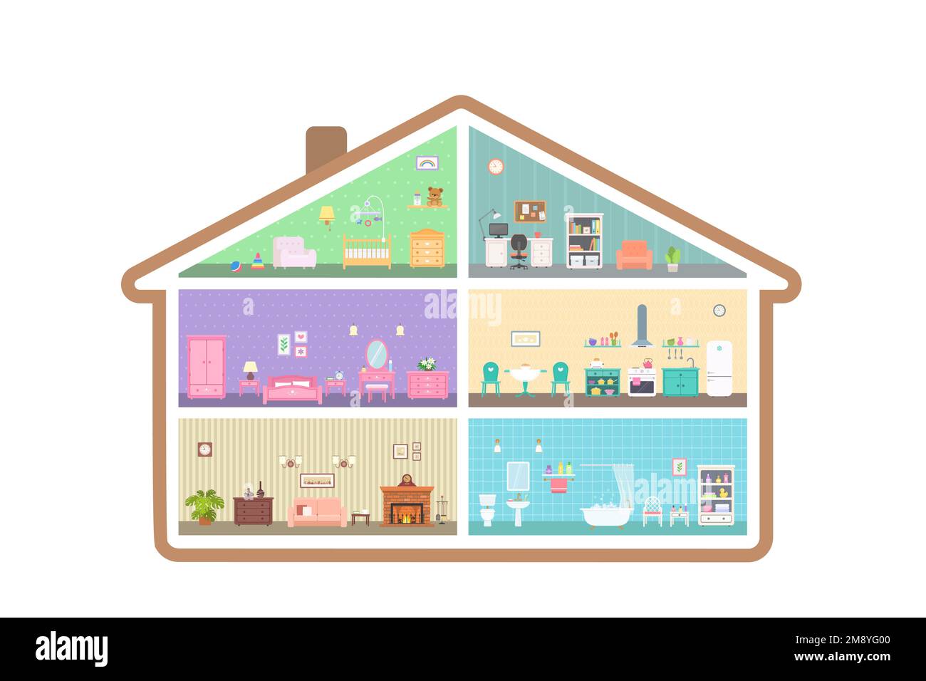 Dollhouse with rooms in cross section. On white background Stock Vector ...