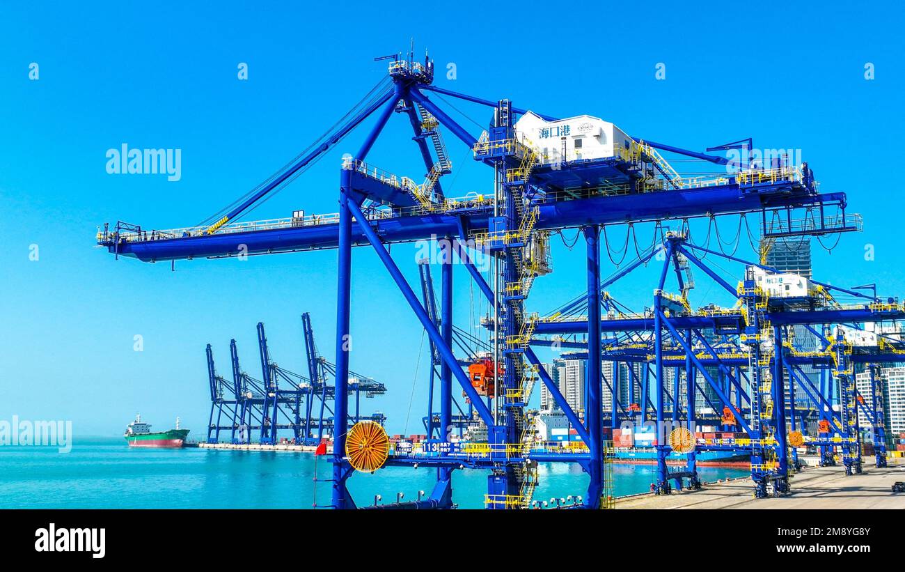 Aerial photo shows the busy container terminal at Haikou Port in Haikou ...