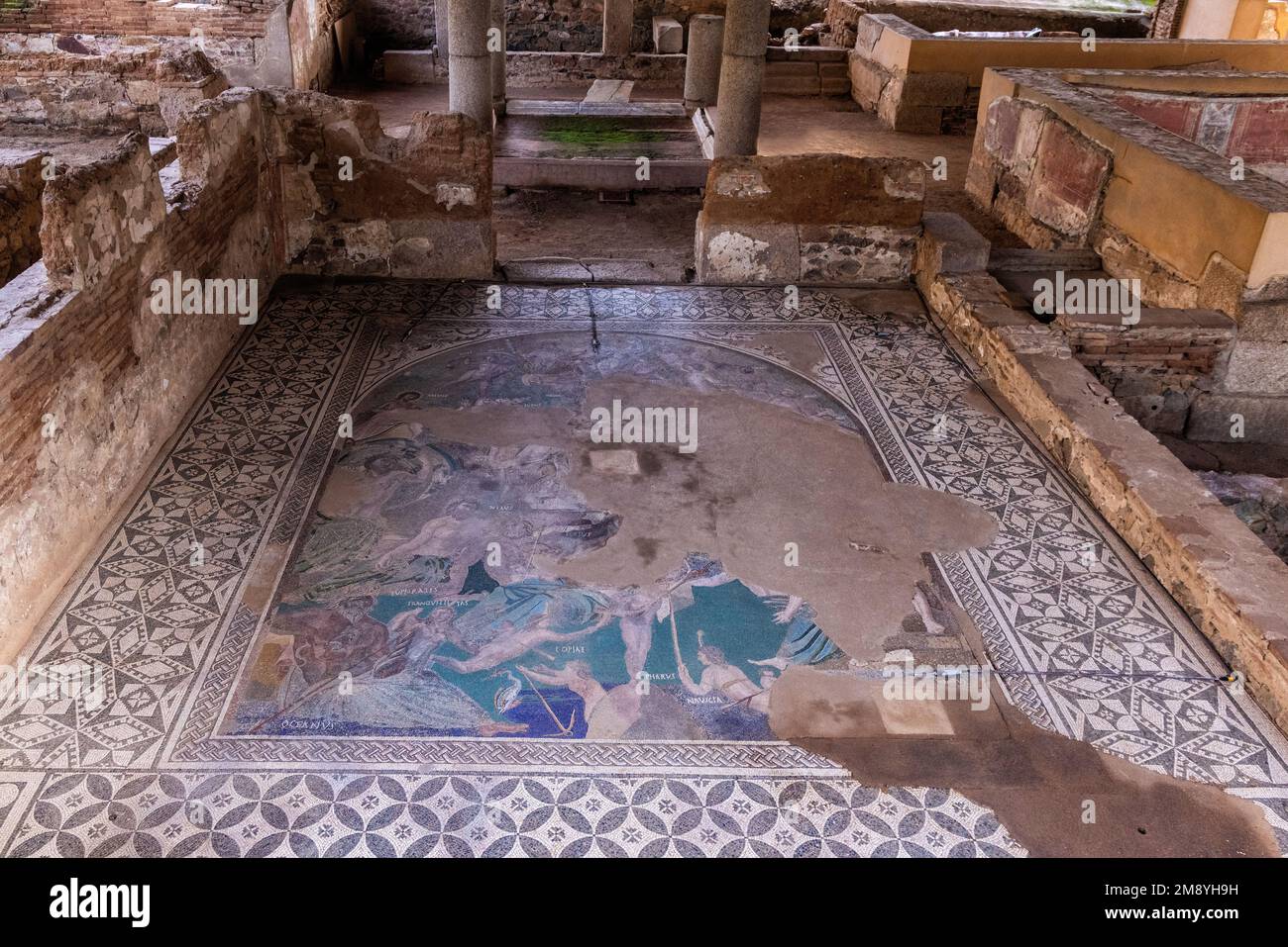 Merida, Spain - December 21, 2022: Cosmological Mosaic.. Roman mosaic in the ancient ruins of the Casa del Mitreo. Stock Photo