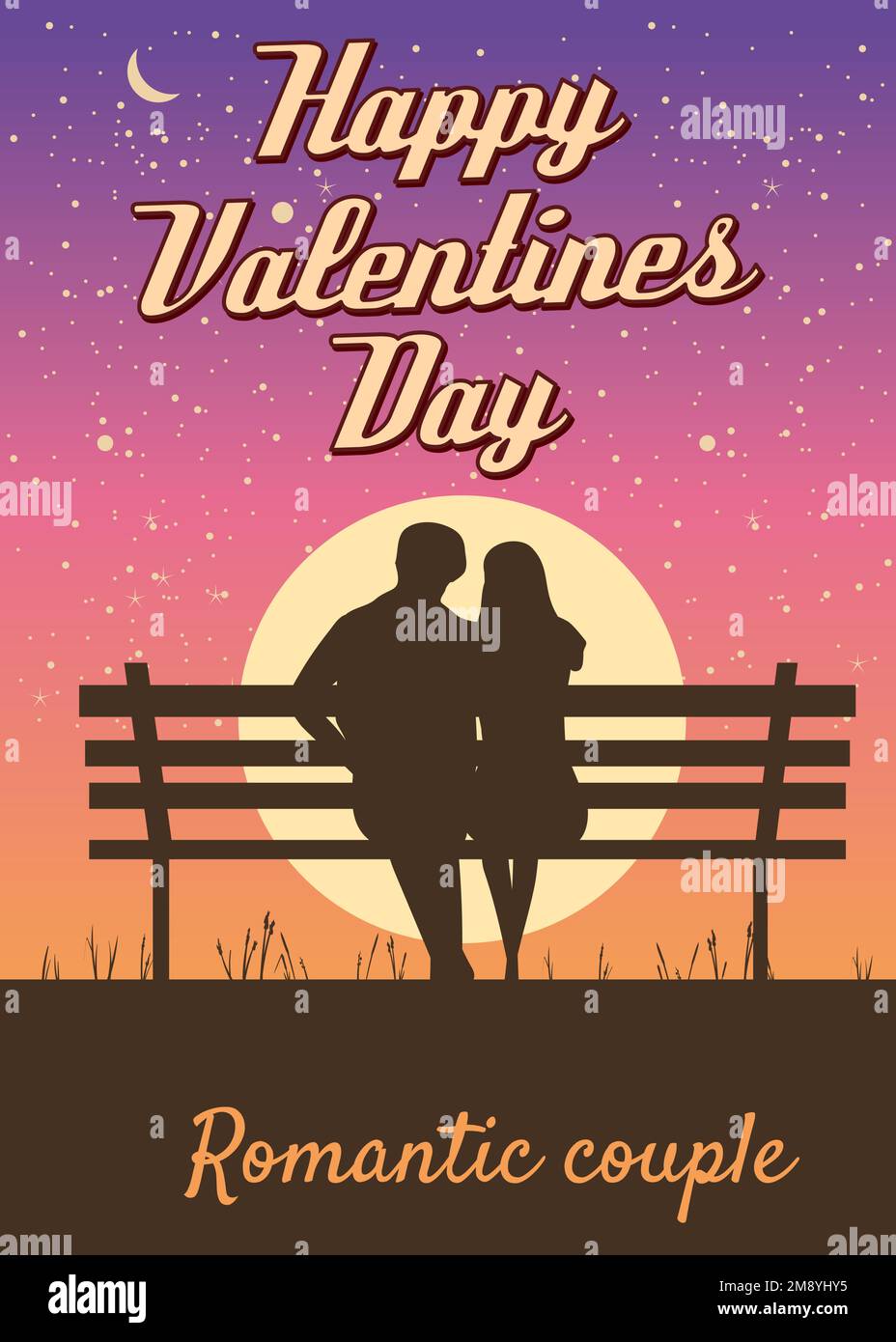 Silhouette loving couple on the bench at night. Happy Valentines Day ...