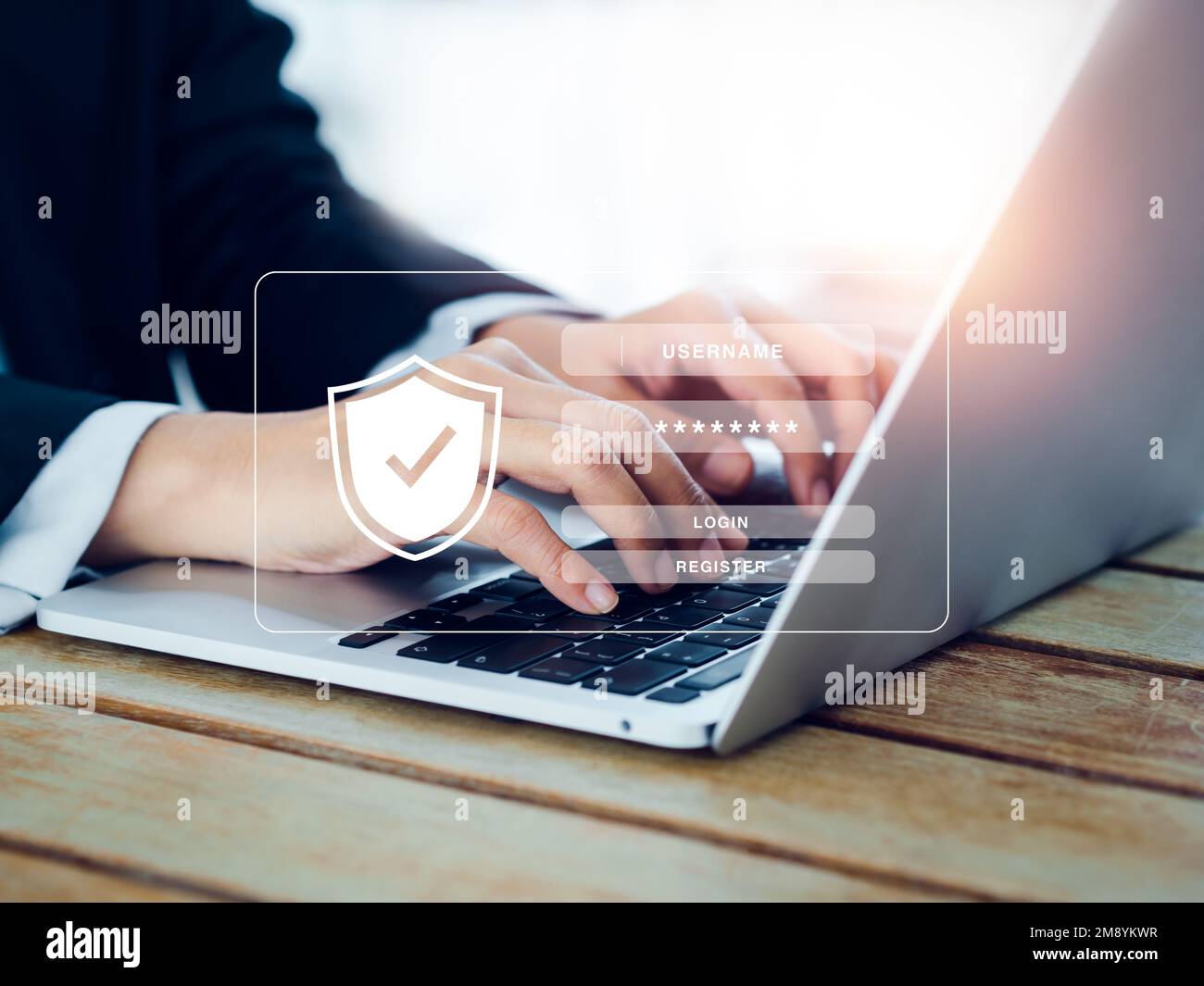 Cybersecurity system technology, login and password, confidential data security and secured internet access concepts. Shield icon and login page appea Stock Photo