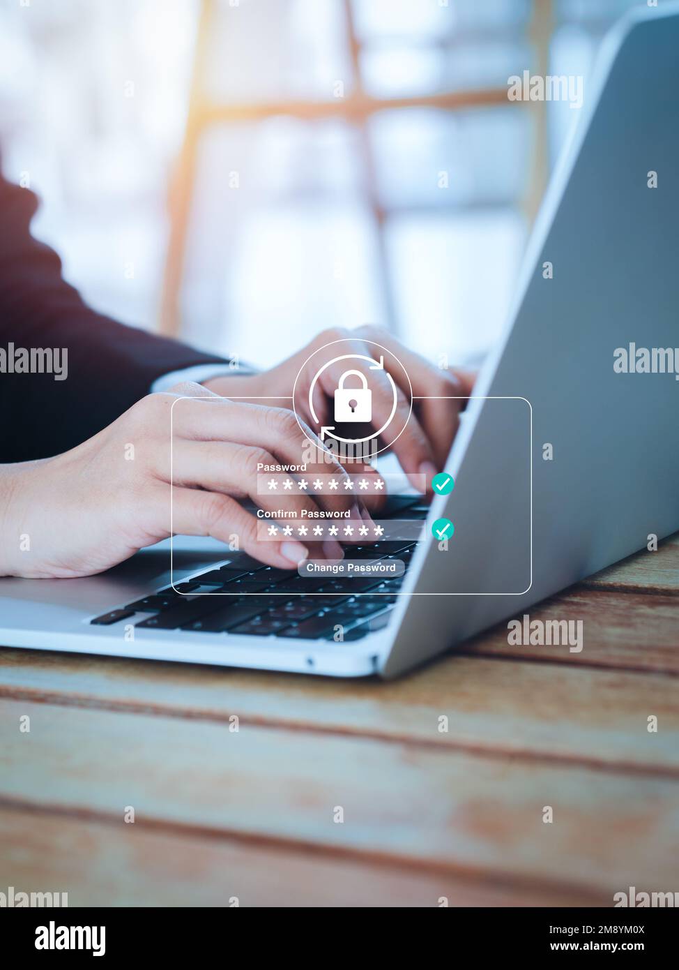 Reset password concept. Lock icon, security code showing on change password page while business person using laptop computer, vertical style. Cyber se Stock Photo