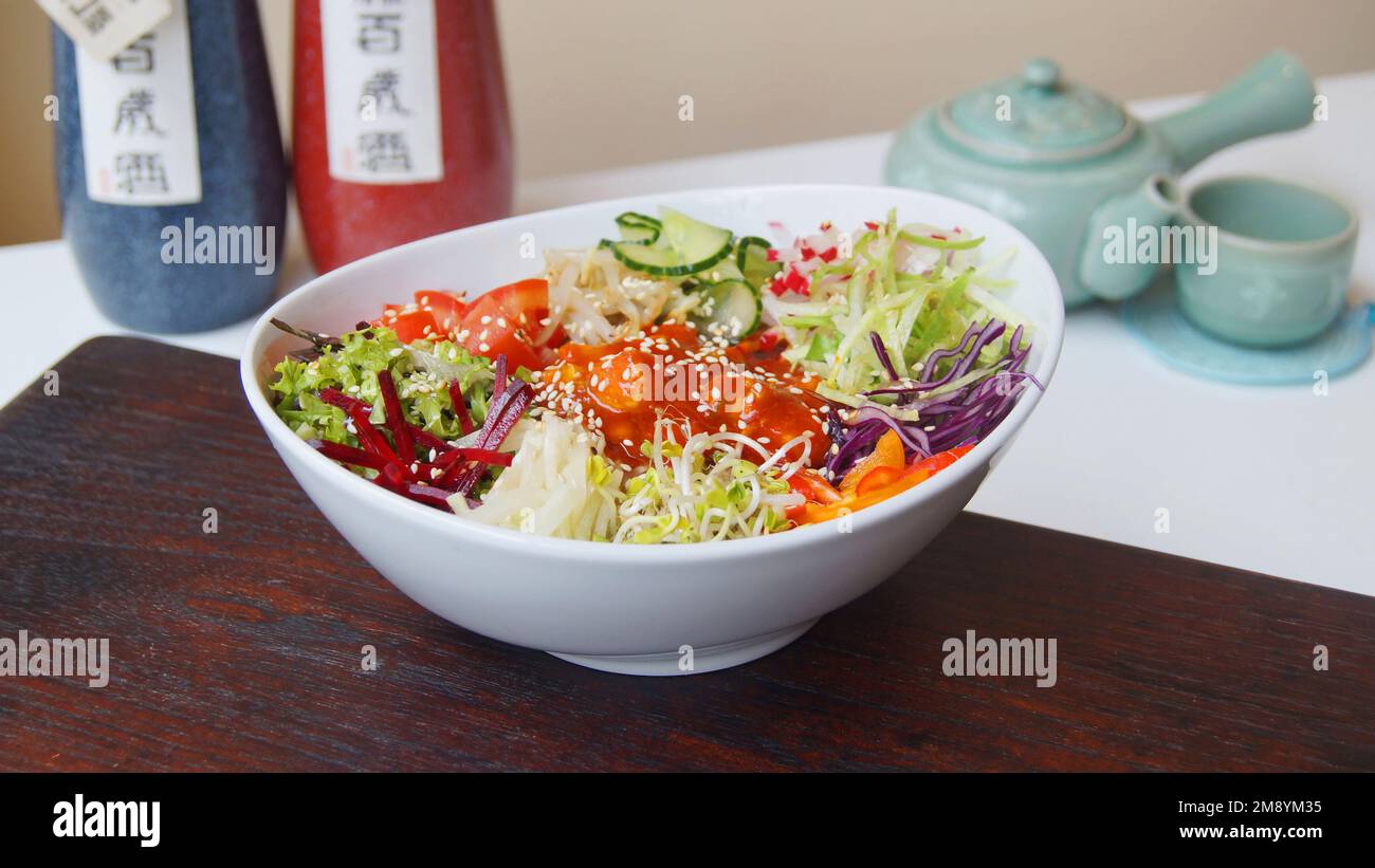 Tofu salad with kimchi and vegetables. Traditional asian recipe Stock