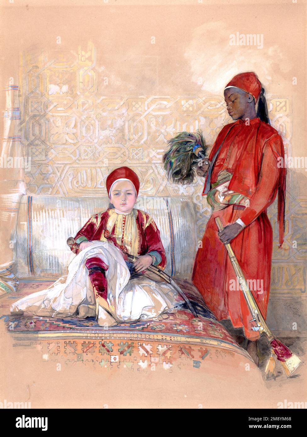 Iskander Bey and His Servant  ( Iskandar Bey or Mohamed el Mahdy) )ca. 1848 by John Frederick Lewis - This steely-eyed boy dressed in ceremonial Albanian military uniform was the son of Sulayman Pasha al-Faransawi (1788-1860) Stock Photo