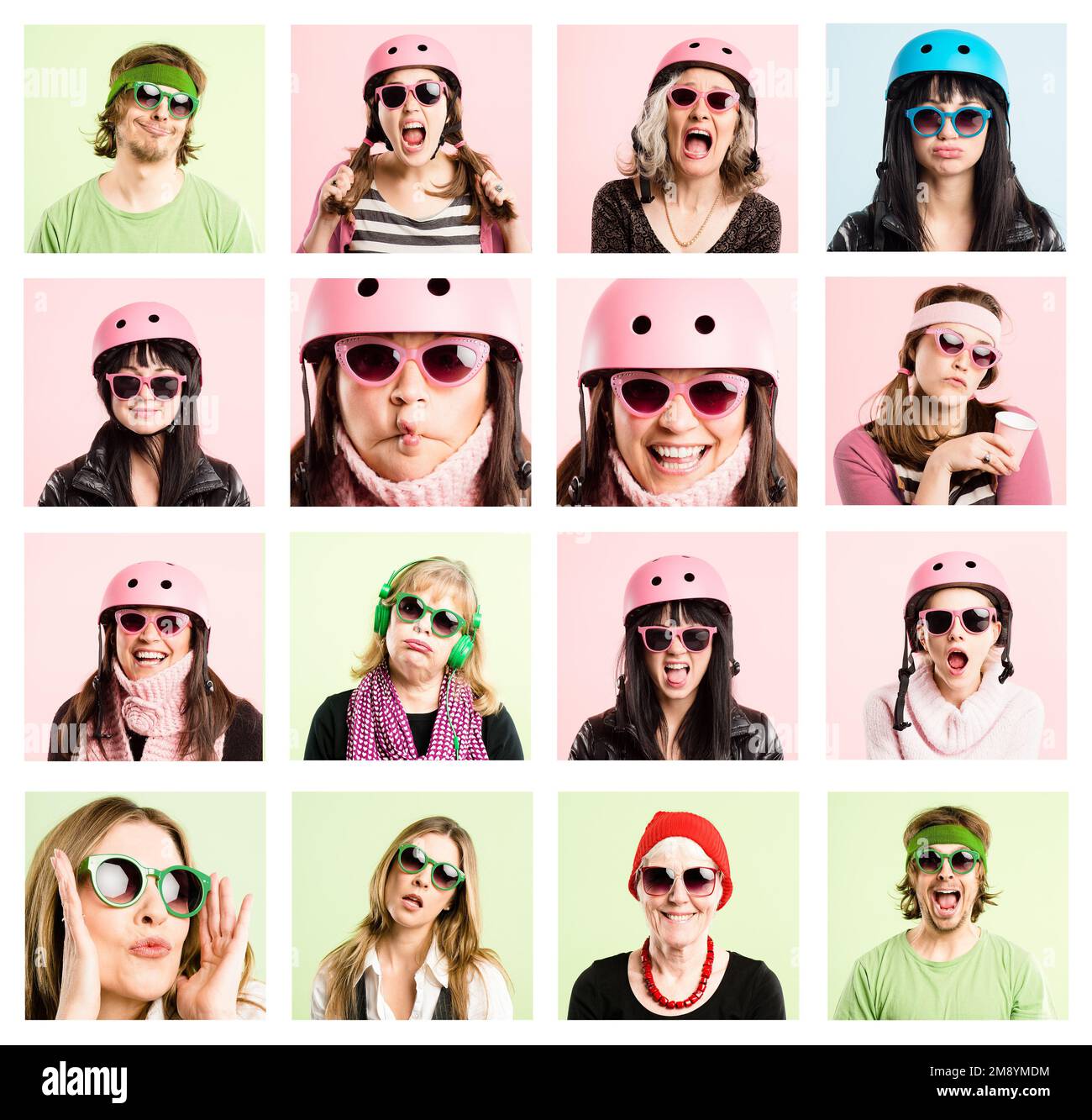 Were the cool kids. Collaged shot of a diverse group of people standing in the studio and posing with sunglasses. Stock Photo