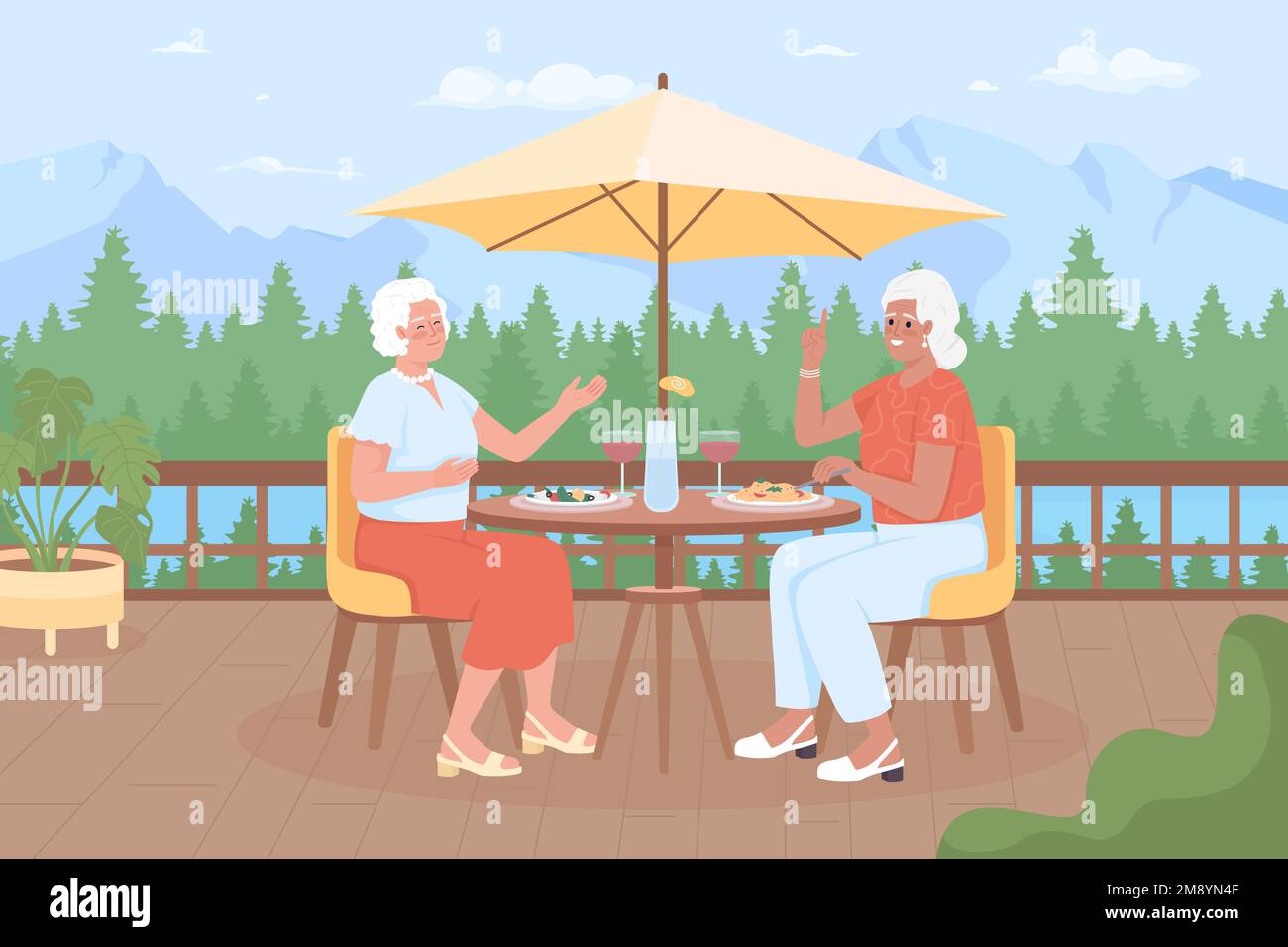Elderly women spending time on mountain resort flat color vector illustration Stock Vector