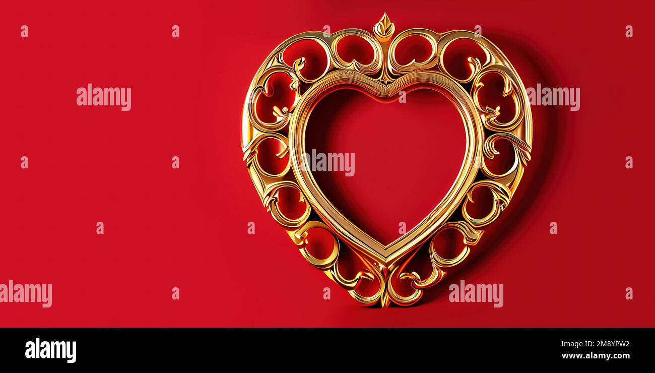 empty heart shaped picture frame on red background - generative AI Stock Photo