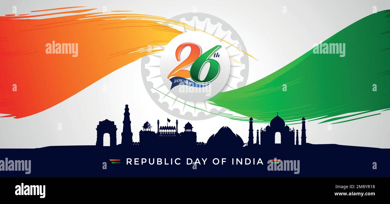 Vector illustrations of 26th January celebration, (Republic Day of India) with Indian Flag in paint brush effect and famous landmark of India. Stock Vector
