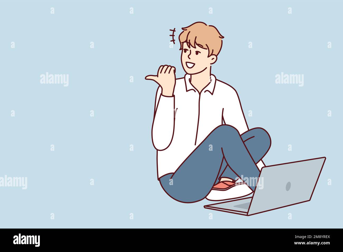 Man sitting on floor with laptop and looking back pointing finger doing college assignment. Casual guy freelancer enjoys remote work for internet companies or start-ups. Flat vector design  Stock Vector