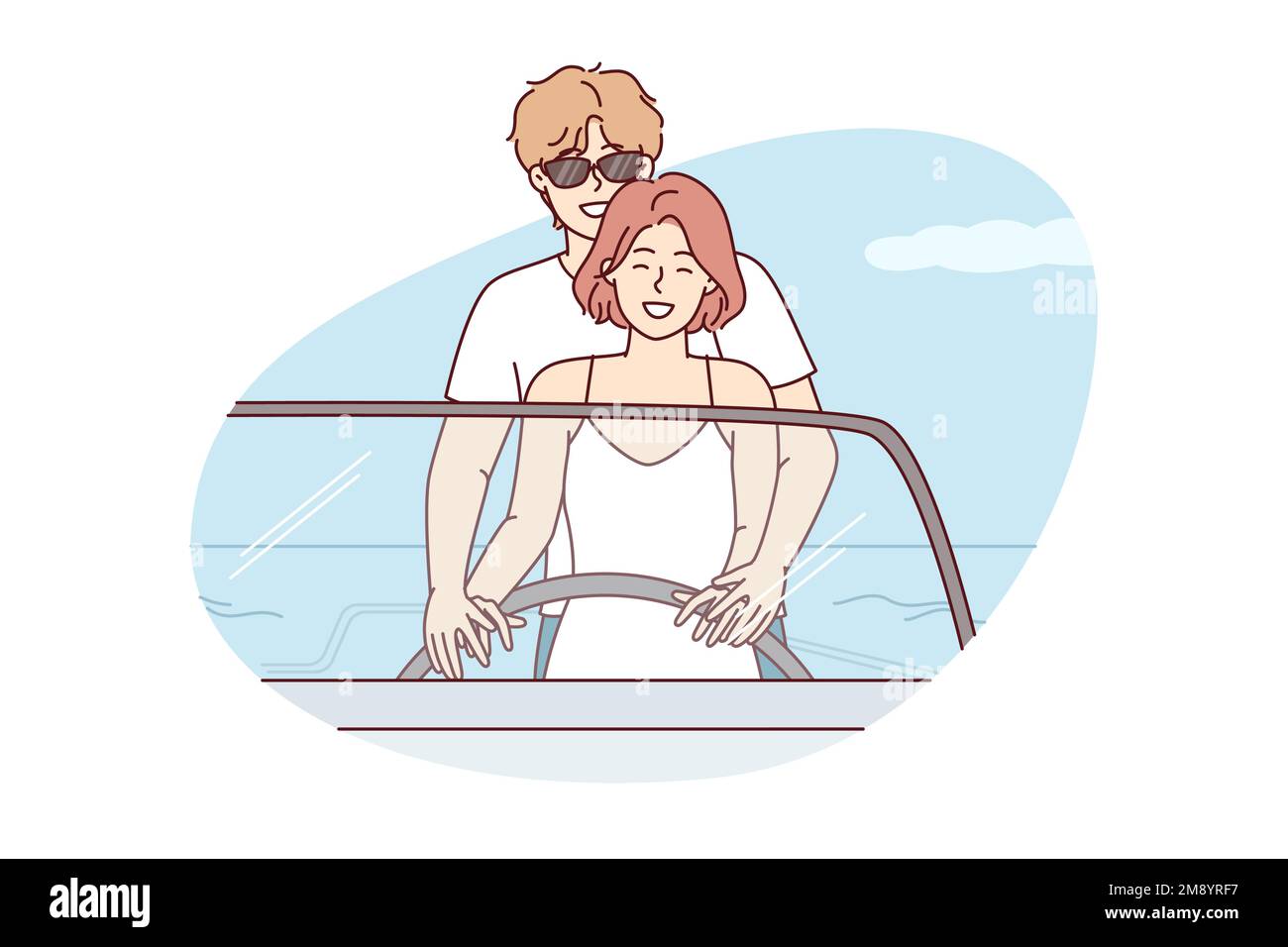 Romantic couple of man and woman at same time control boat holding helm enjoying summer vacation. Guy hugging girlfriend from behind during honeymoon travel by sea in tropical area. Flat vector design Stock Vector