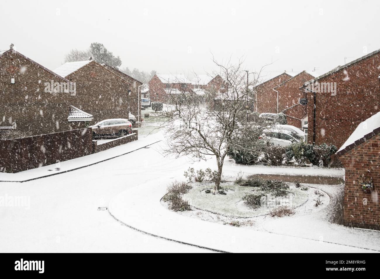 UK Weather 16th January 2023 Snow falling on a residential street in Washington, north east England, UK Stock Photo