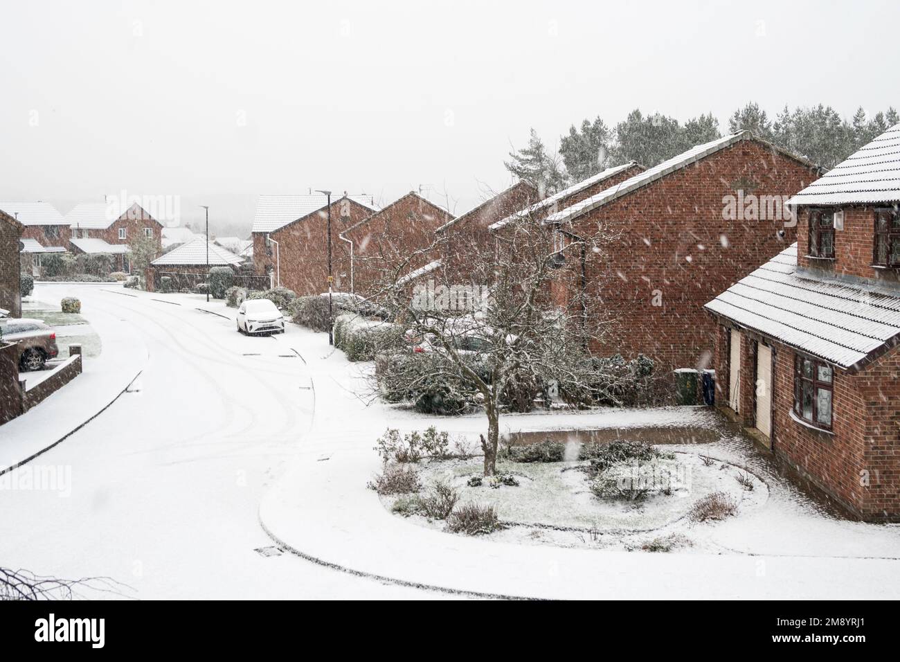 UK Weather 16th January 2023 Snow falling on a residential street in Washington, north east