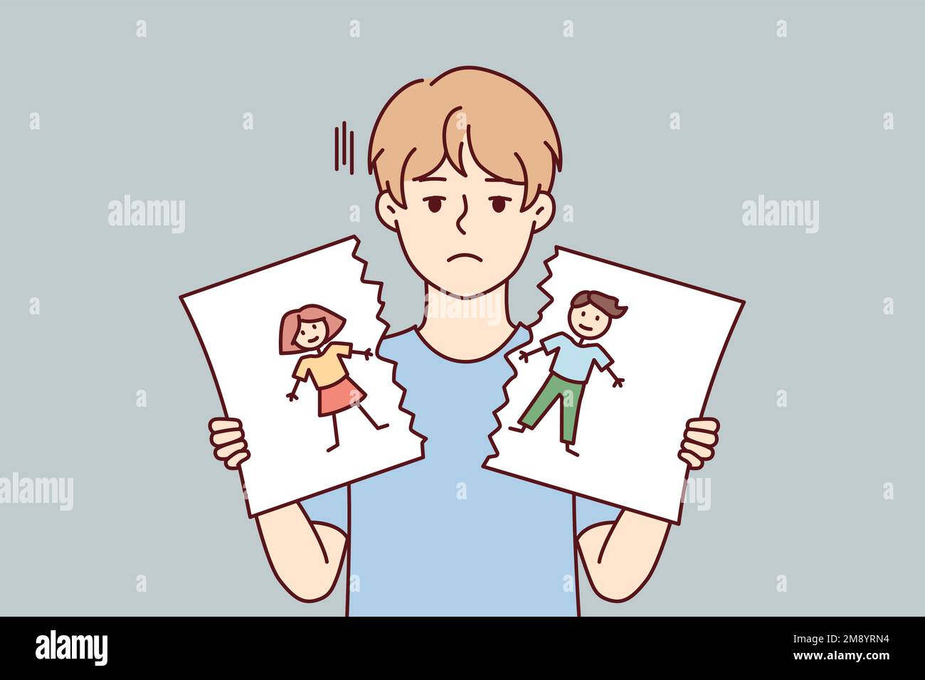 Sad boy with blond hair holds in hands torn pictured with painted kids. Cheerless child of pree teen age after school quarrel or conflict tears up self-drawn portrait. Flat vector design  Stock Vector