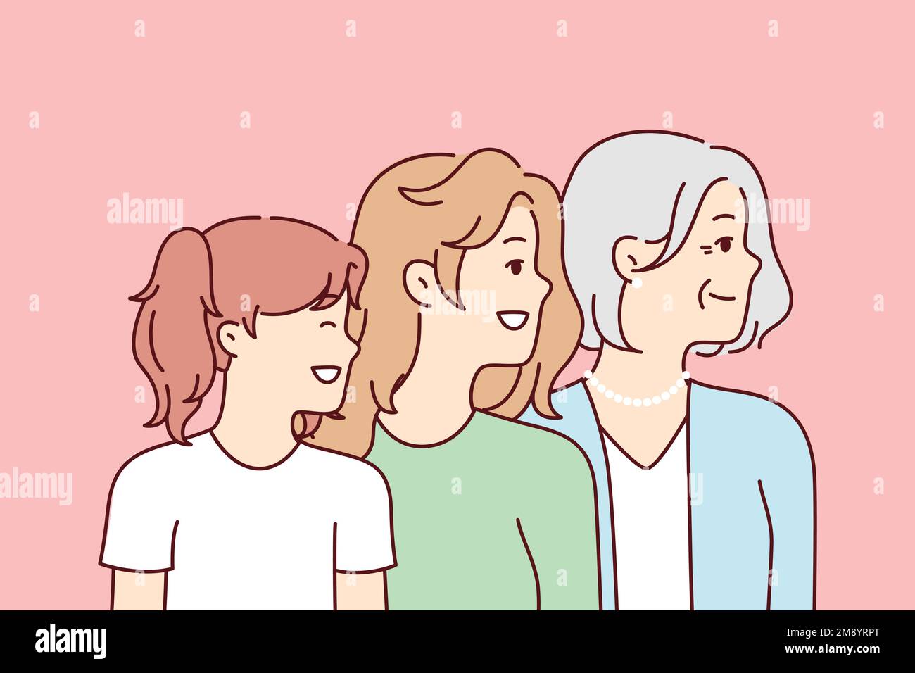 Women of different ages look in same direction with smile, demonstrating solidarity or commitment to feminism. Elderly woman with daughter and granddaughter in casual clothes. Flat vector design  Stock Vector