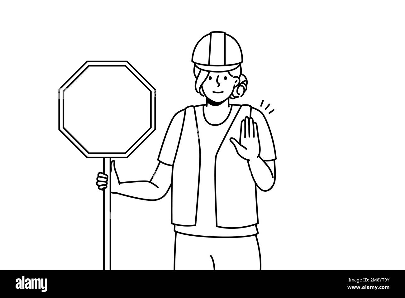 Young woman in uniform holding stop road sign in hands. Female worker