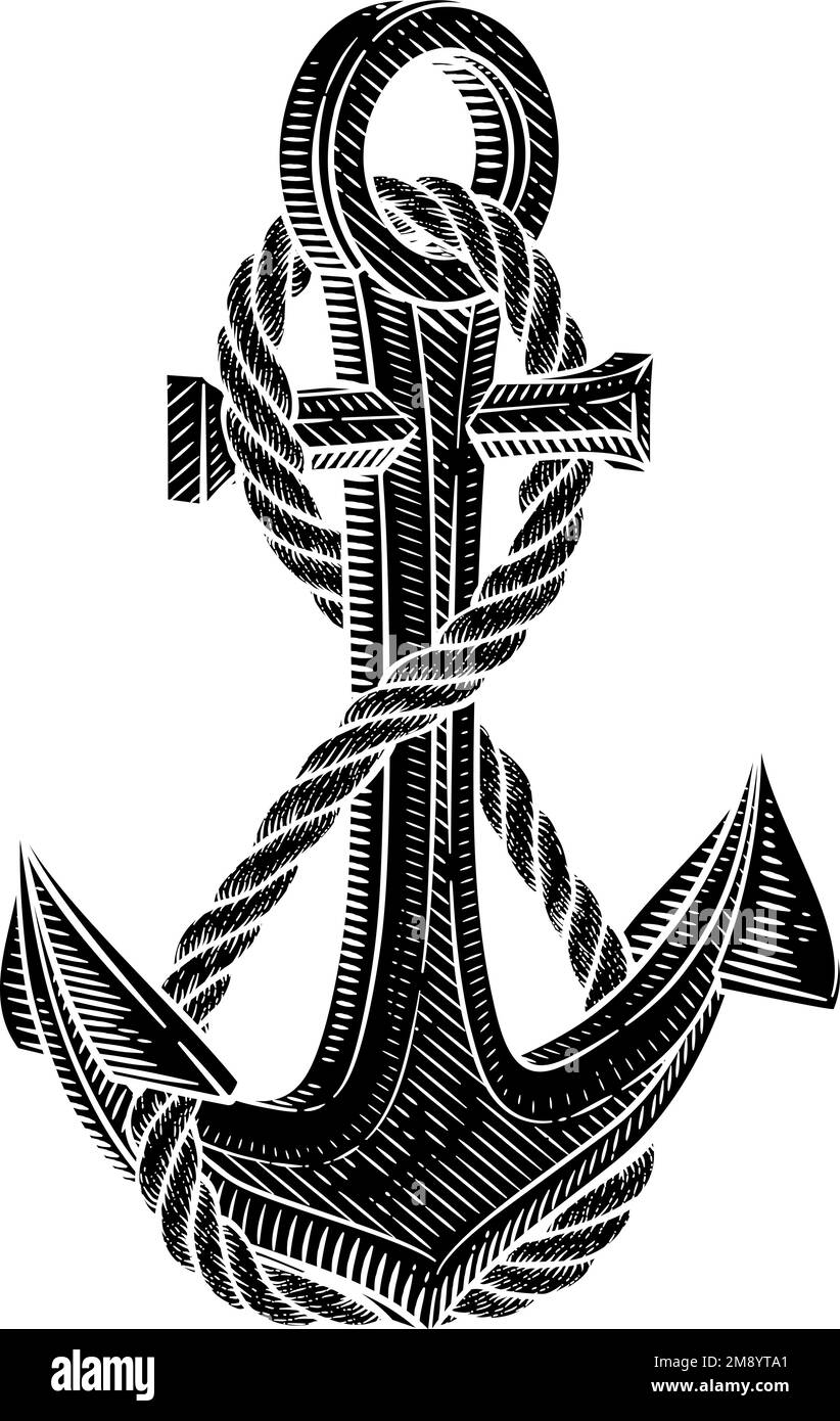 Ship Anchor And Rope Nautical Illustration Woodcut Stock Vector