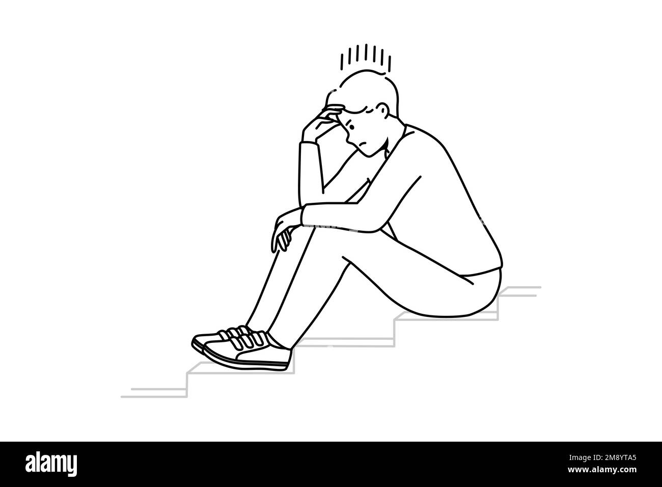 Stressed man sit on stairs thinking or making plan. Distressed unhappy guy lost in thoughts having dilemma or issue. Vector illustration.  Stock Vector