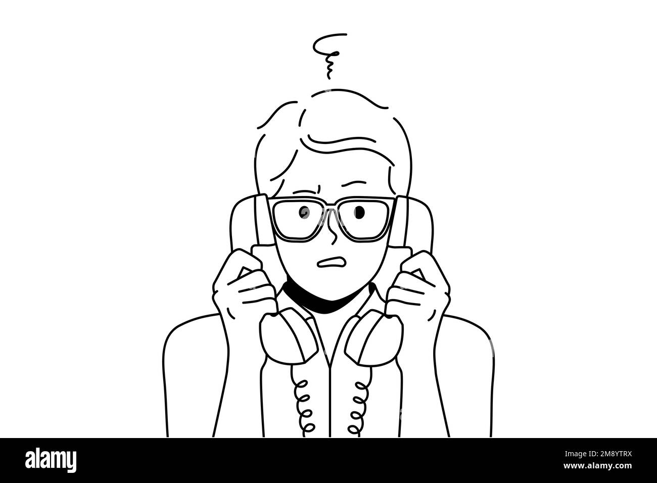 Confused man with landline phones headsets feel frustrated talking. Distressed guy in glasses shocked speaking on corded telephone. Vector illustration.  Stock Vector