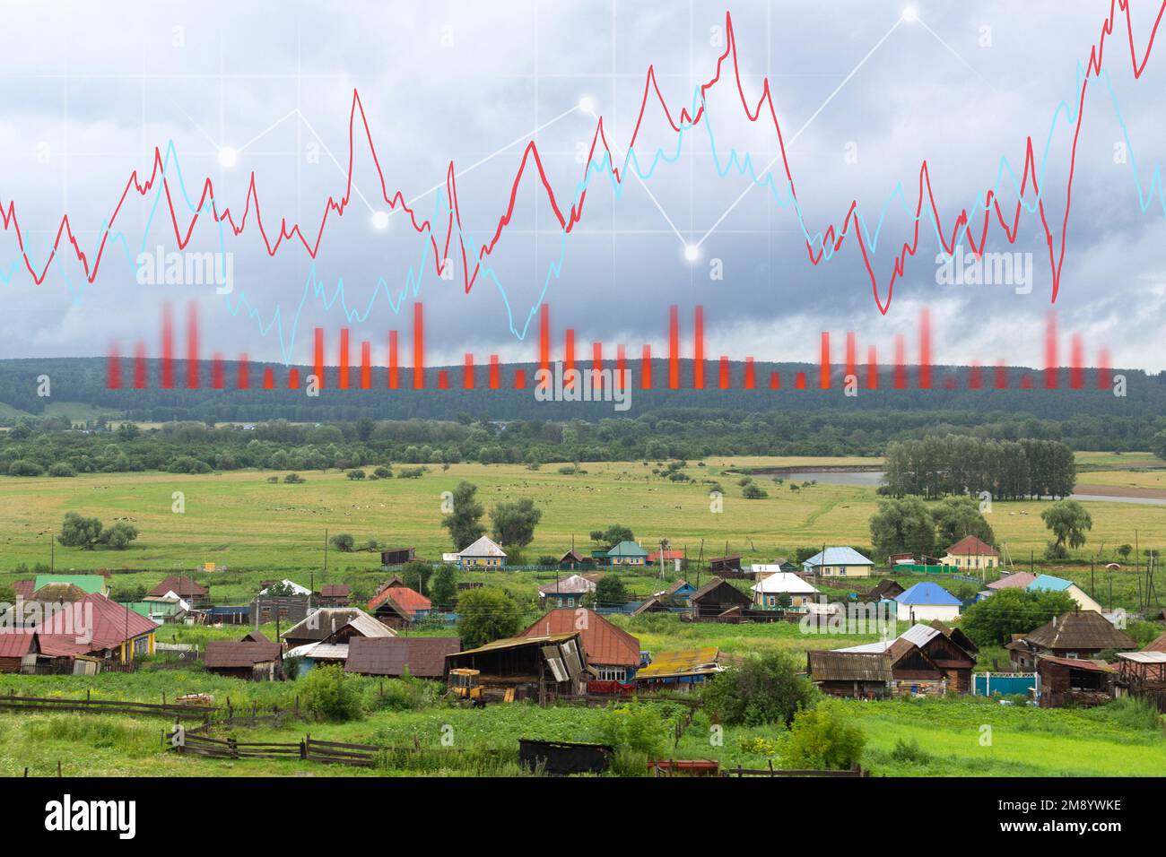 Land value field, house building, growth graph of trade market price