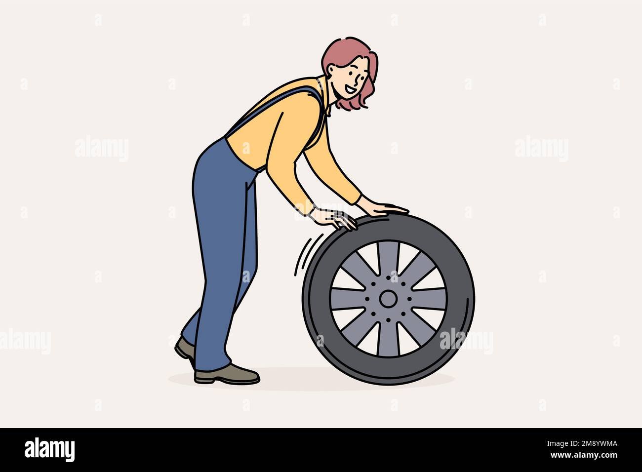 Smiling female mechanic with car tire working at auto repair service. Happy woman engineer busy with wheel repairing automobile. Vector illustration.  Stock Vector