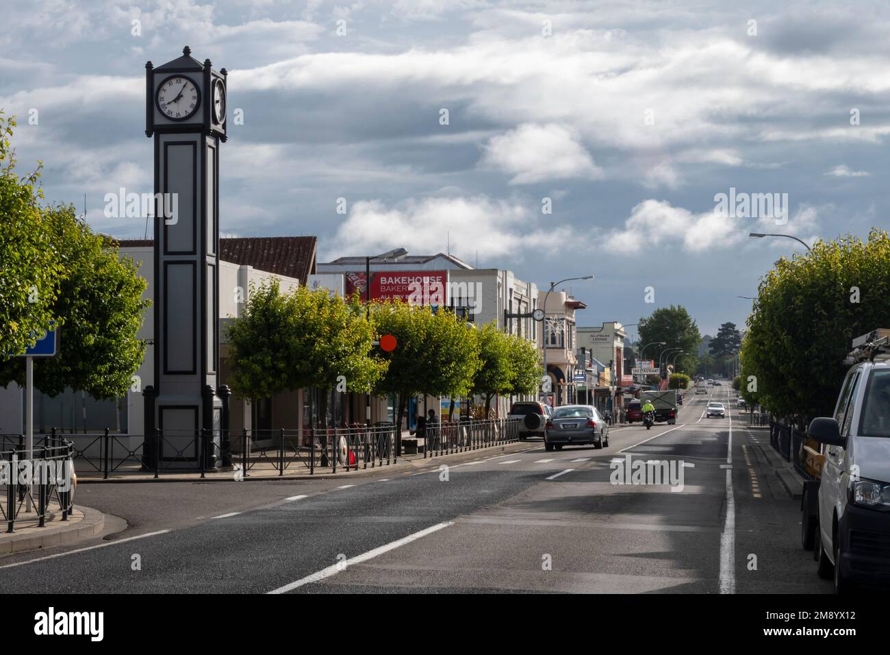 Clocktower and main street, Dannevirke, Tararua Distirct, North Island, New Zealand Stock Photo