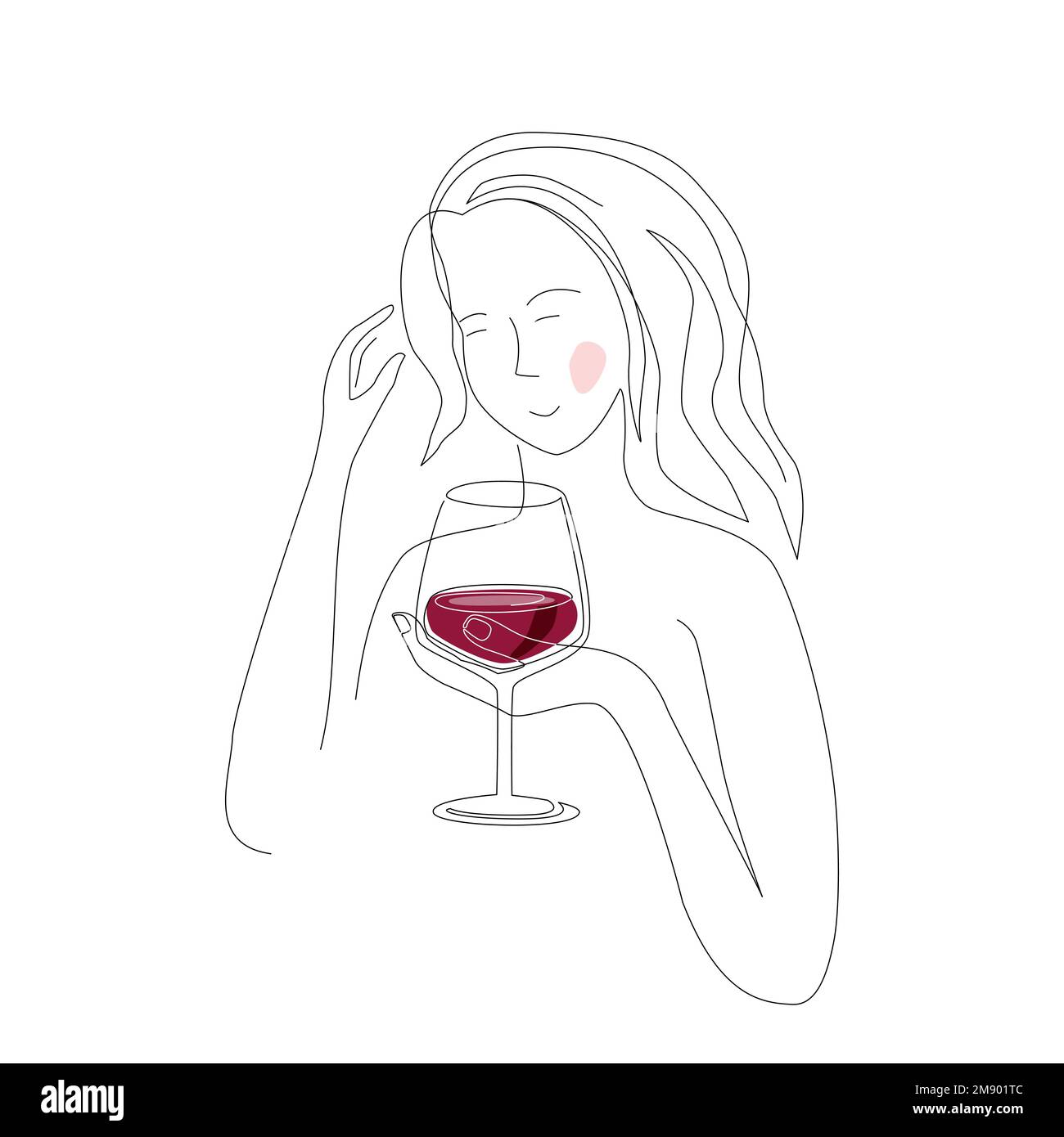 Girl with a red wine glass. Continuous line vector illustration