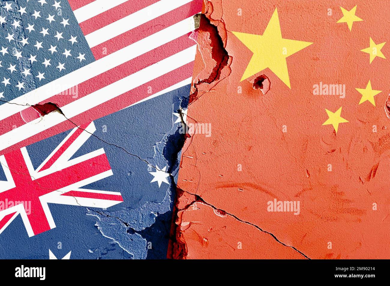 US (United States), Australia, China national flag isolated on broken wall background, international politics conflicts concept Stock Photo