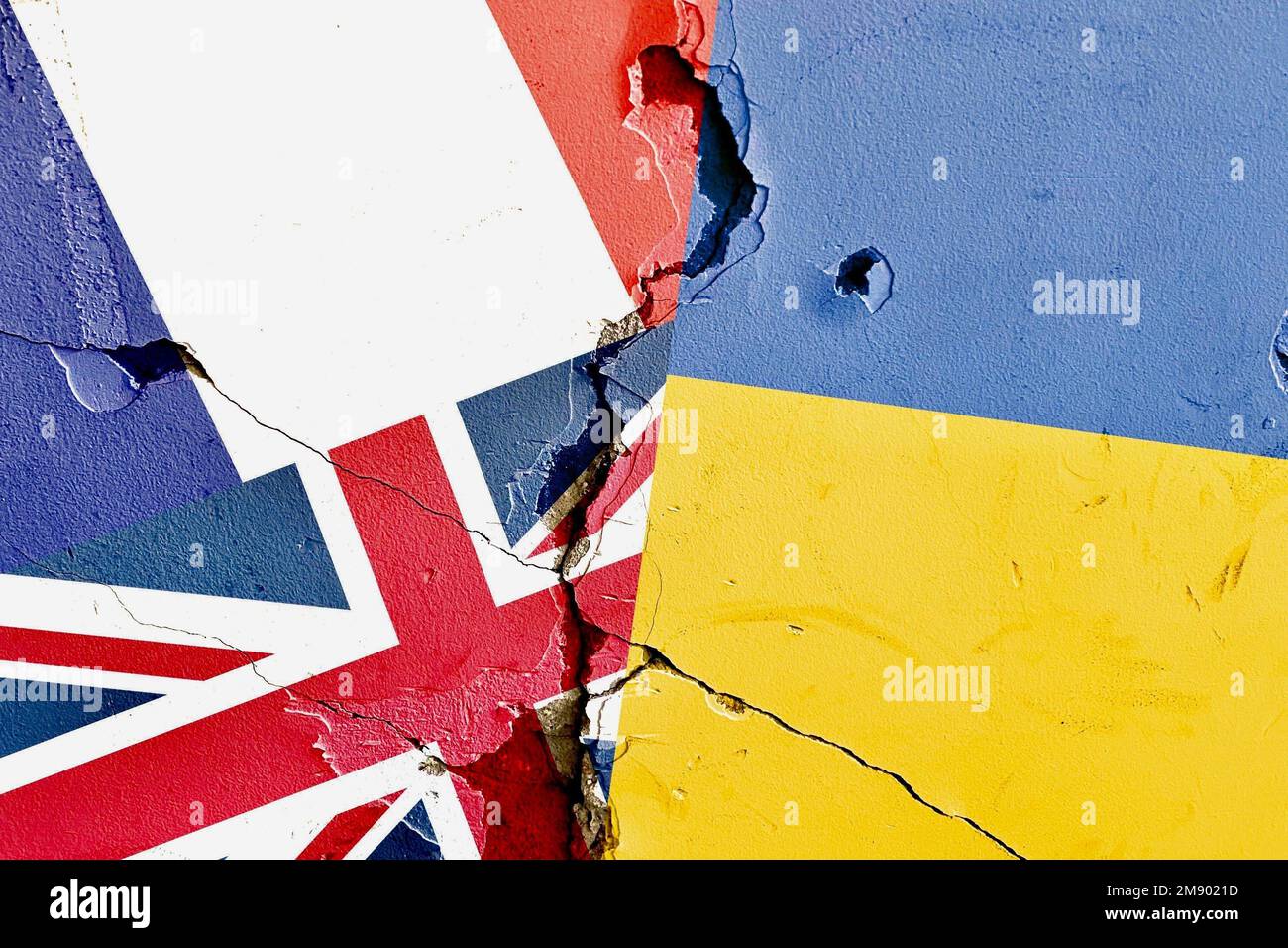France, UK (Great Britain), Ukraine national flag isolated on broken wall background, international politics conflicts concept Stock Photo