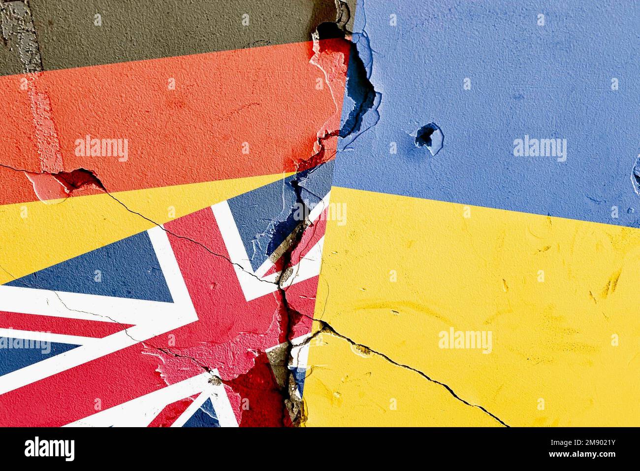 Germany, UK (Great Britain), Ukraine national flag isolated on broken wall background, international politics conflicts concept Stock Photo