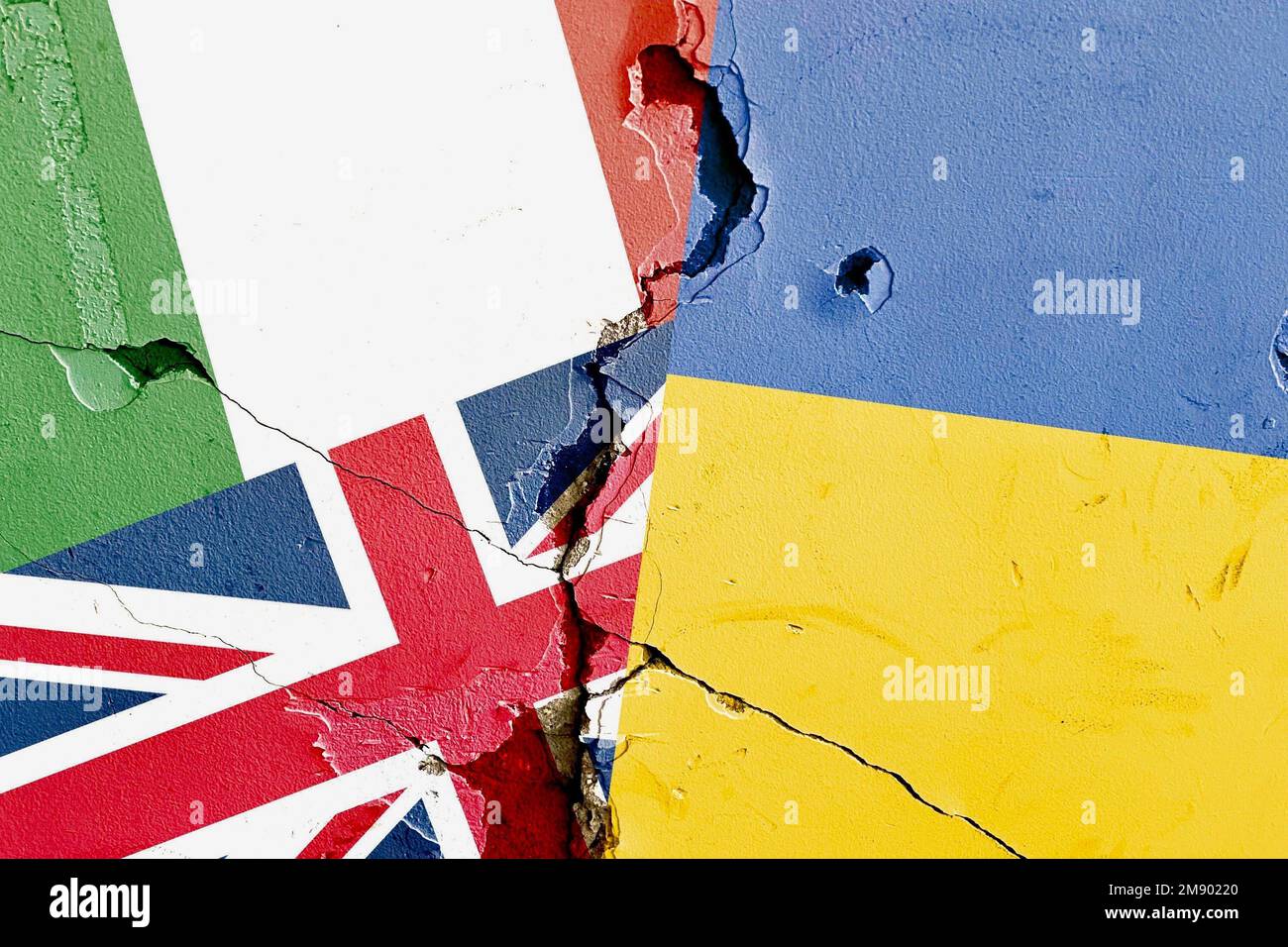 Italy, UK (Great Britain), Ukraine national flag isolated on broken wall background, international politics conflicts concept Stock Photo