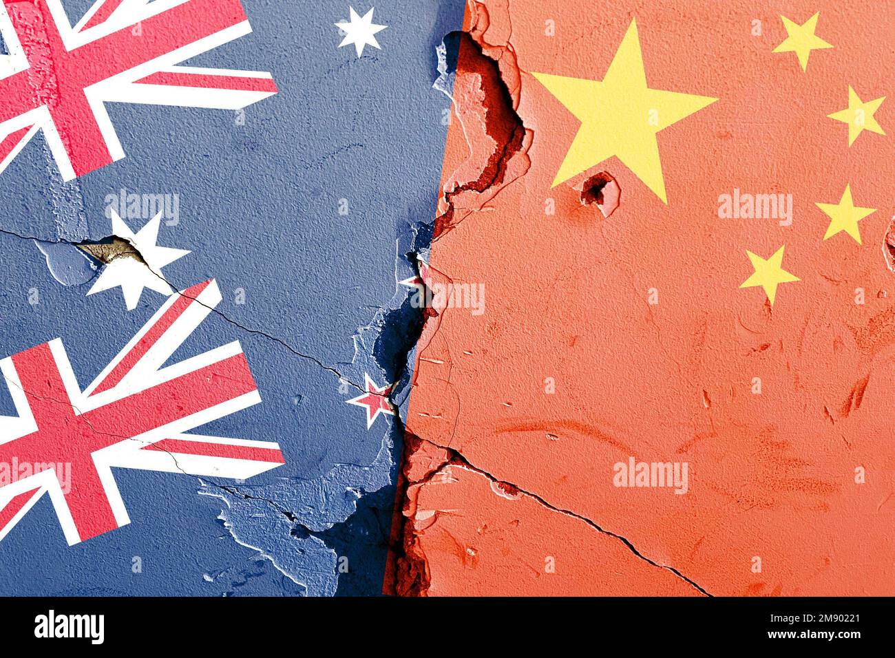 Australia, New Zealand, China national flag isolated on broken wall background, international politics conflicts concept Stock Photo