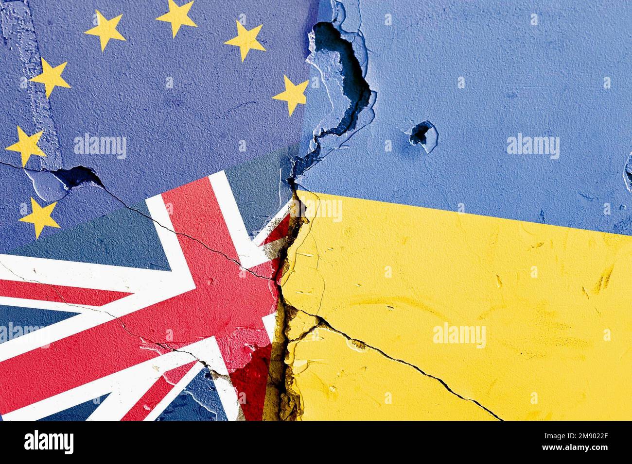 EU (European Union), UK (Great Britain), Ukraine national flag isolated on broken wall background, international politics conflicts concept Stock Photo