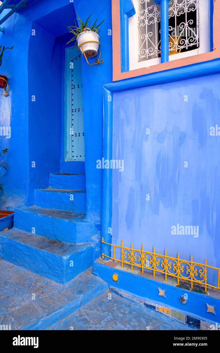 Doorways in the beautiful city of Chefchaouen in Morocco. Also known as Chaouen or The Blue Pearl, Blue City or شفشاون الجوهرة الزرقاء . Stock Photo