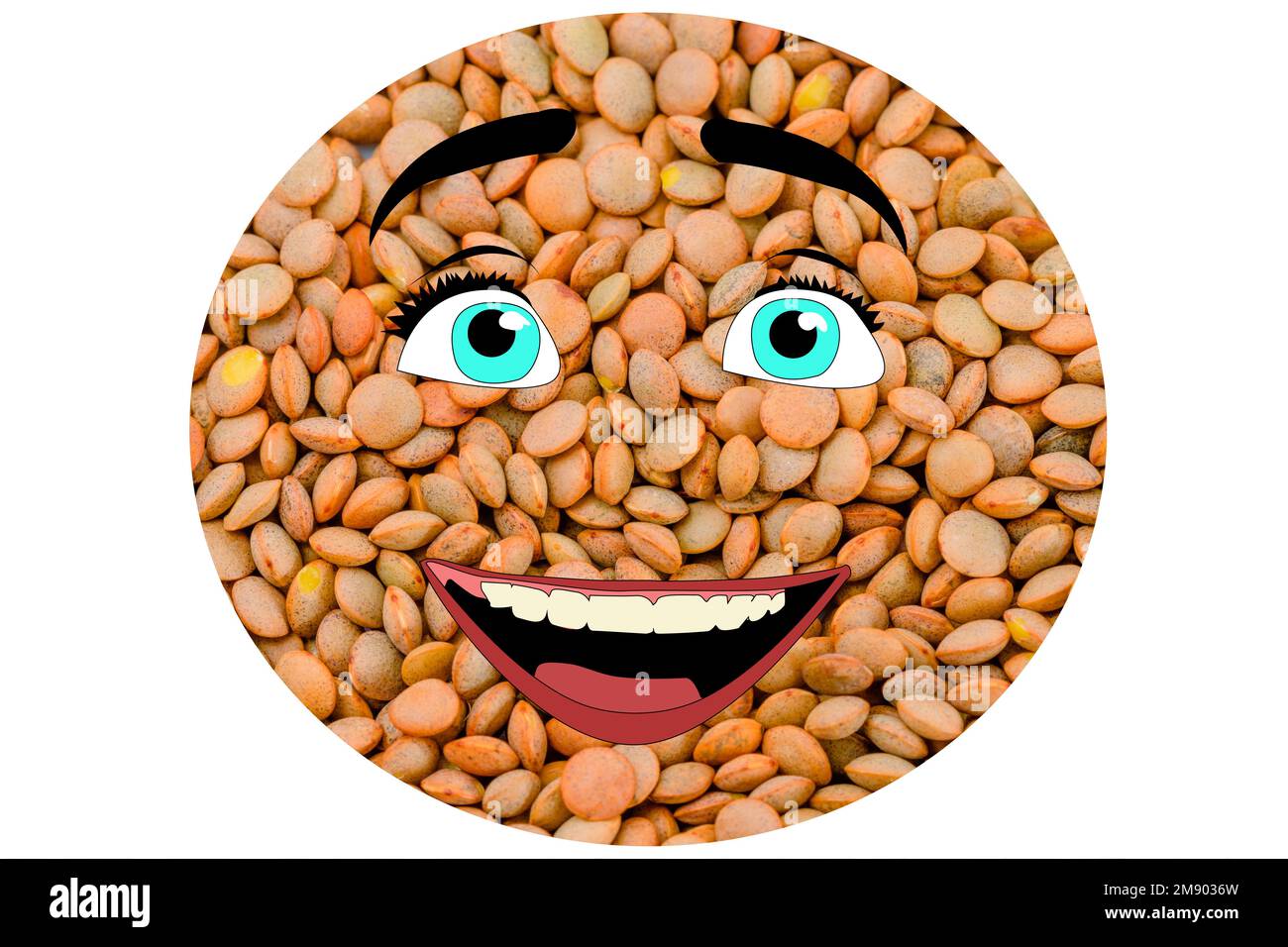Lentil beans arranged on a white background to look like an emoji Stock