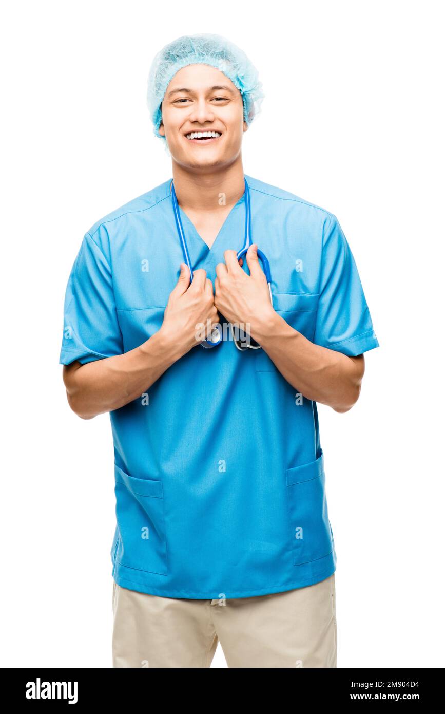 just stepped out of surgery. a young male nurse against a studio background. Stock Photo