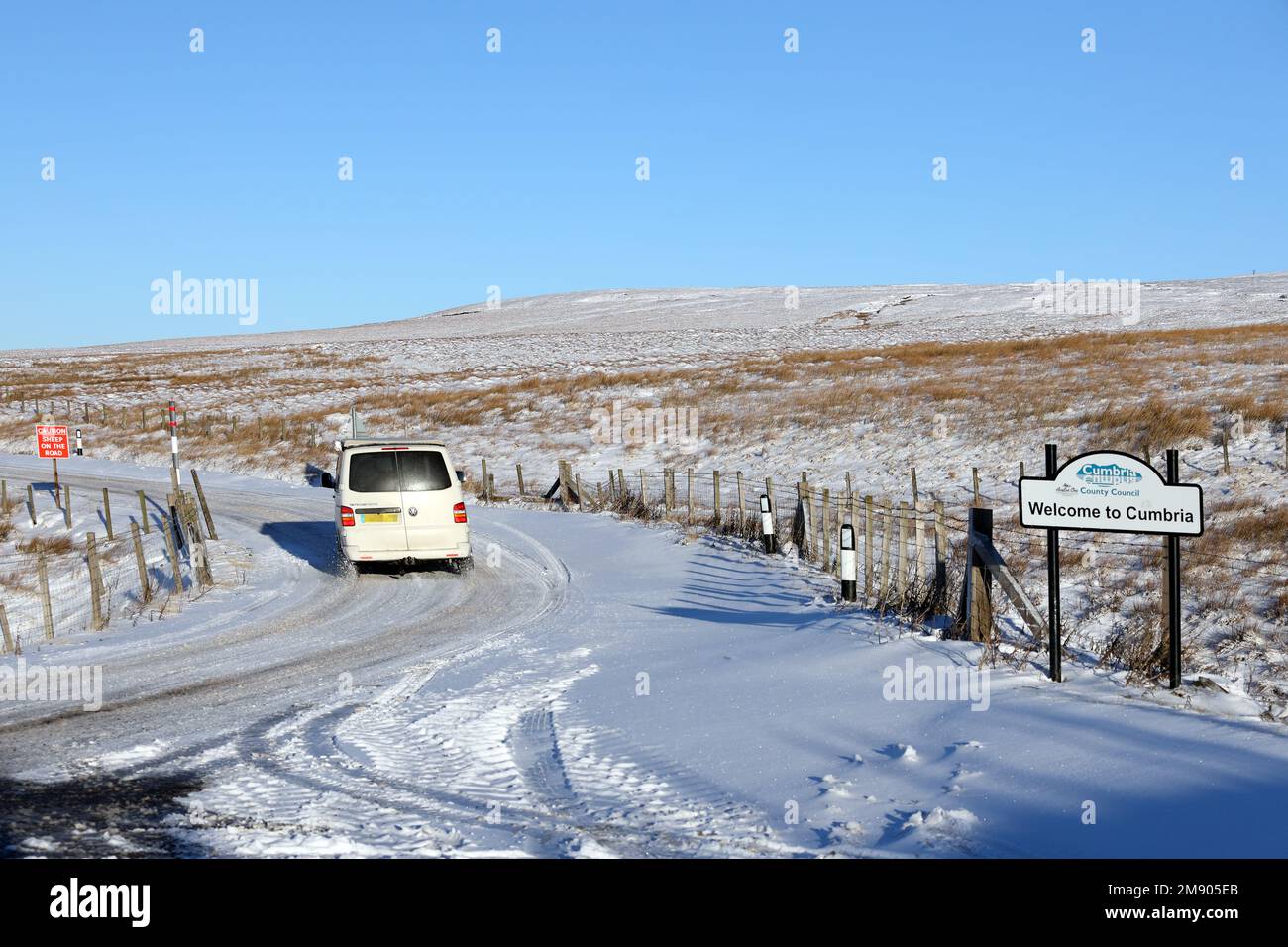 B6277, County Durham/Cumbria Border, UK. 16th January 2023. UK Weather. Snow and ice affecting high level routes between Middleton-in-Teesdale, County Durham and Alston in and Cumbria this morning Credit: David Forster/Alamy Live News Stock Photo