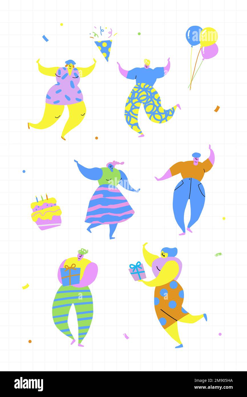Happy people celebrating a birthday party doodles set vector Stock ...