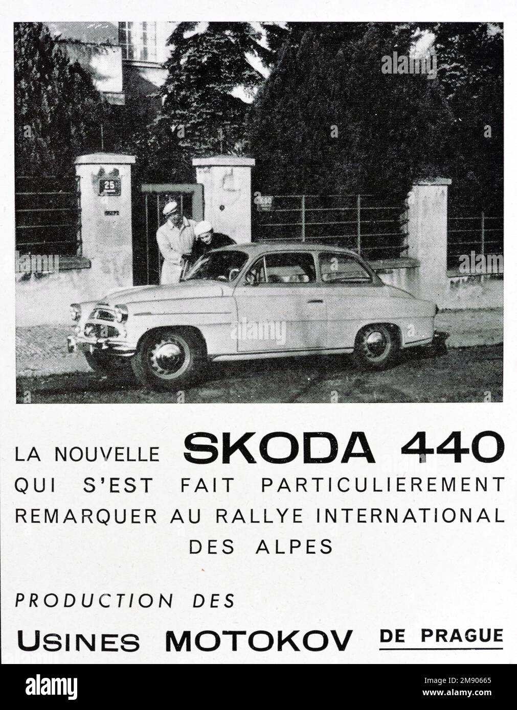 Vintage or Old Advert, Advertisement, Publicity or Illustration for Skoda 440 Saloon Advert 1956. The Skoda 440, aka 440 Spartak, was manufactured by AZNP in Czechoslovakia between 1955 and 1959. Stock Photo