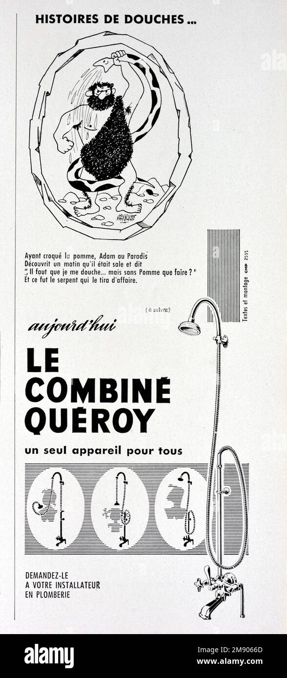 Vintage or Old Advert, Advertisement, Publicity or Illustration for 1950s Combiné Queroy Shower 1956. Illustrated with an image of a Prehistoric Man or Early Man Using a Snake as Water Pipe Stock Photo