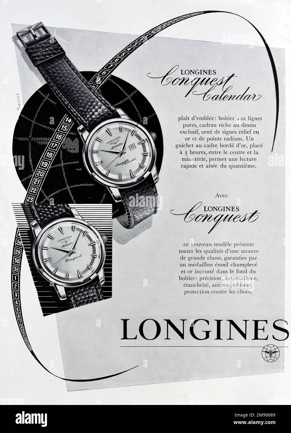 Vintage or Old Advert, Advertisement, Publicity or Illustration for Longines Watches Advert 1957 Stock Photo