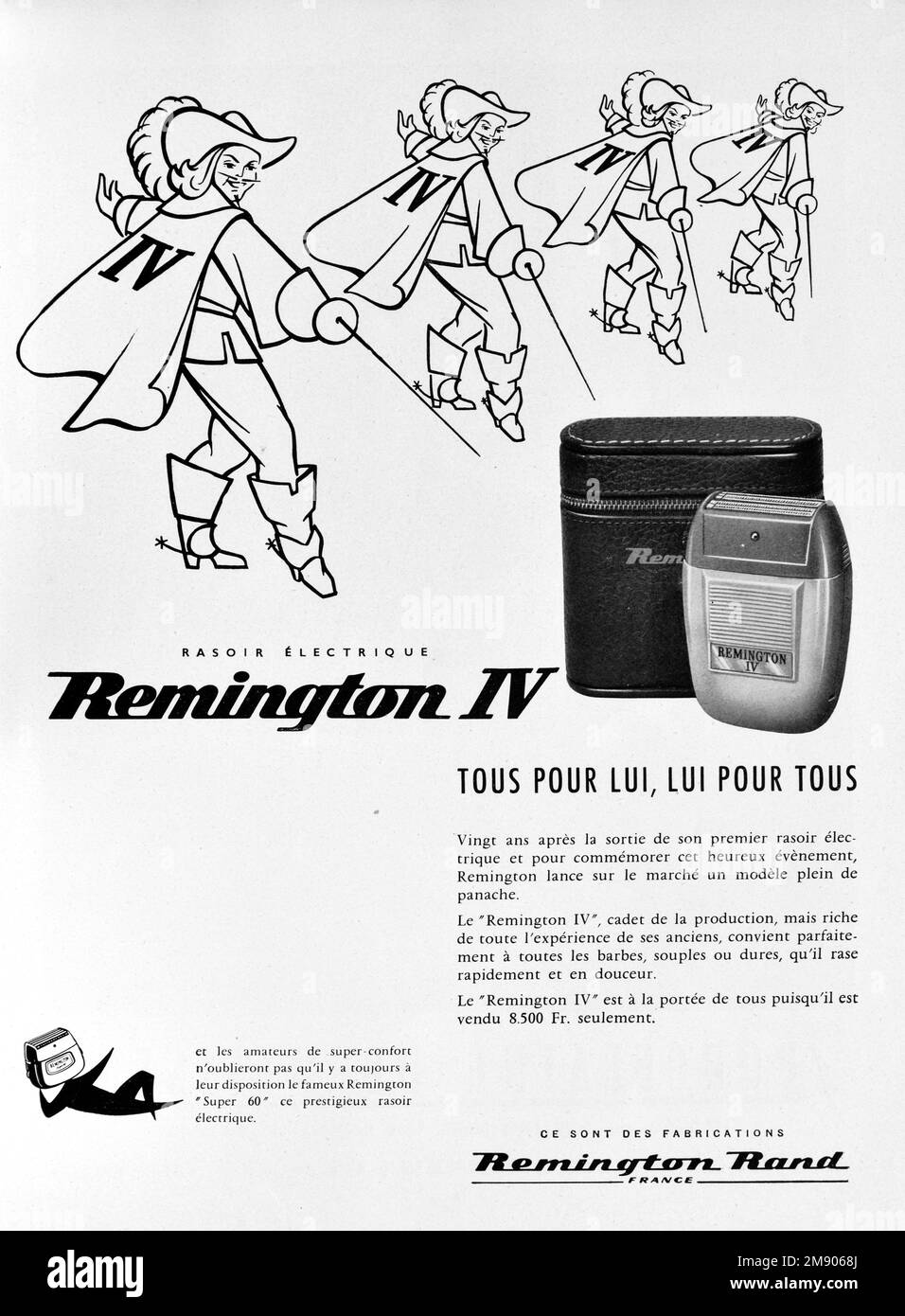 Vintage or Old Advert, Advertisement, Publicity or Illustration for Remington IV Electric Shaver or Razor 1957 illustrated with the Four Musketeers. Stock Photo