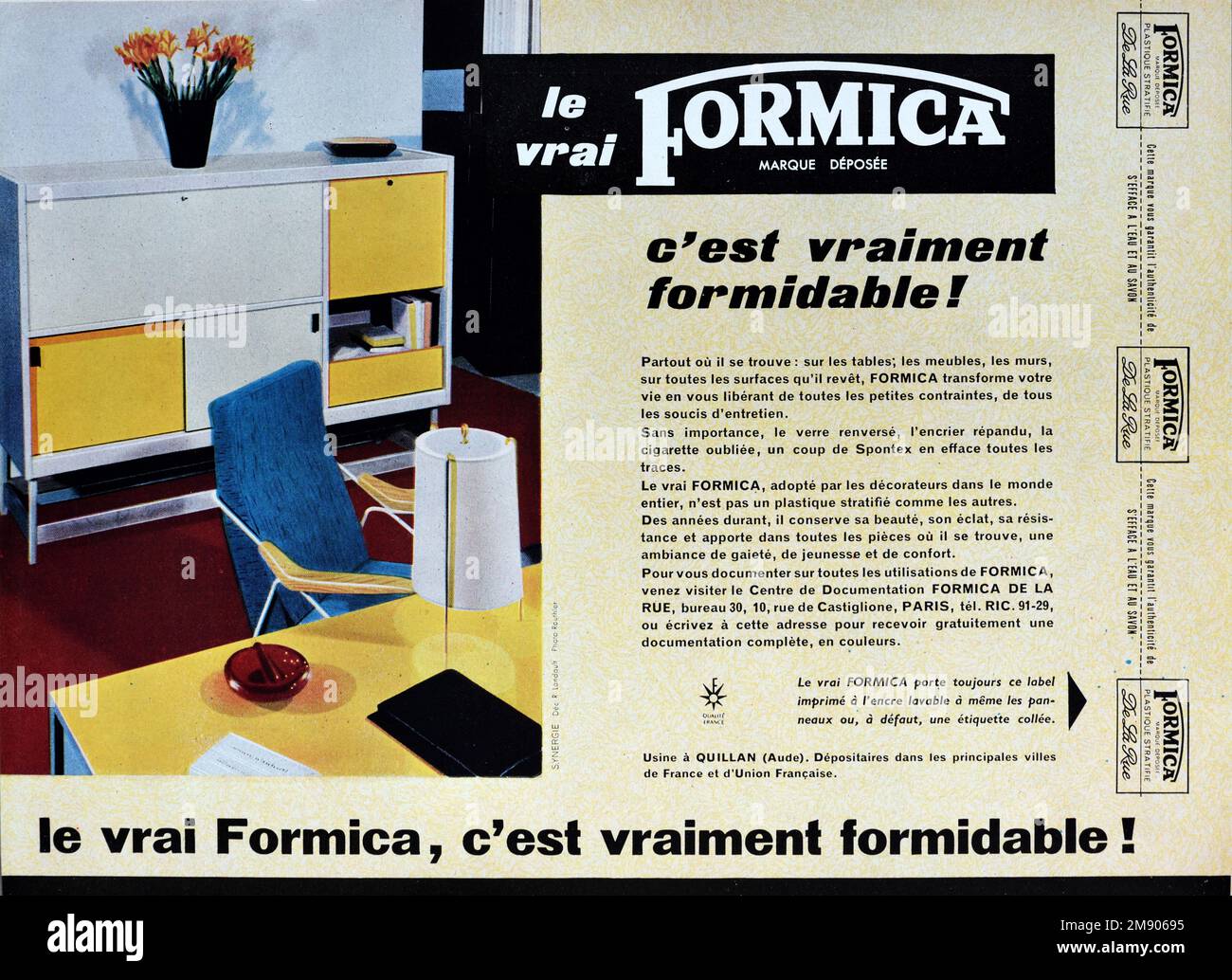 Vintage or Old Advert, Advertisement, Publicity or Illustration for 1950s Formica Furniture including 1950s Desk, Office or Living Room 1957 Advert Stock Photo