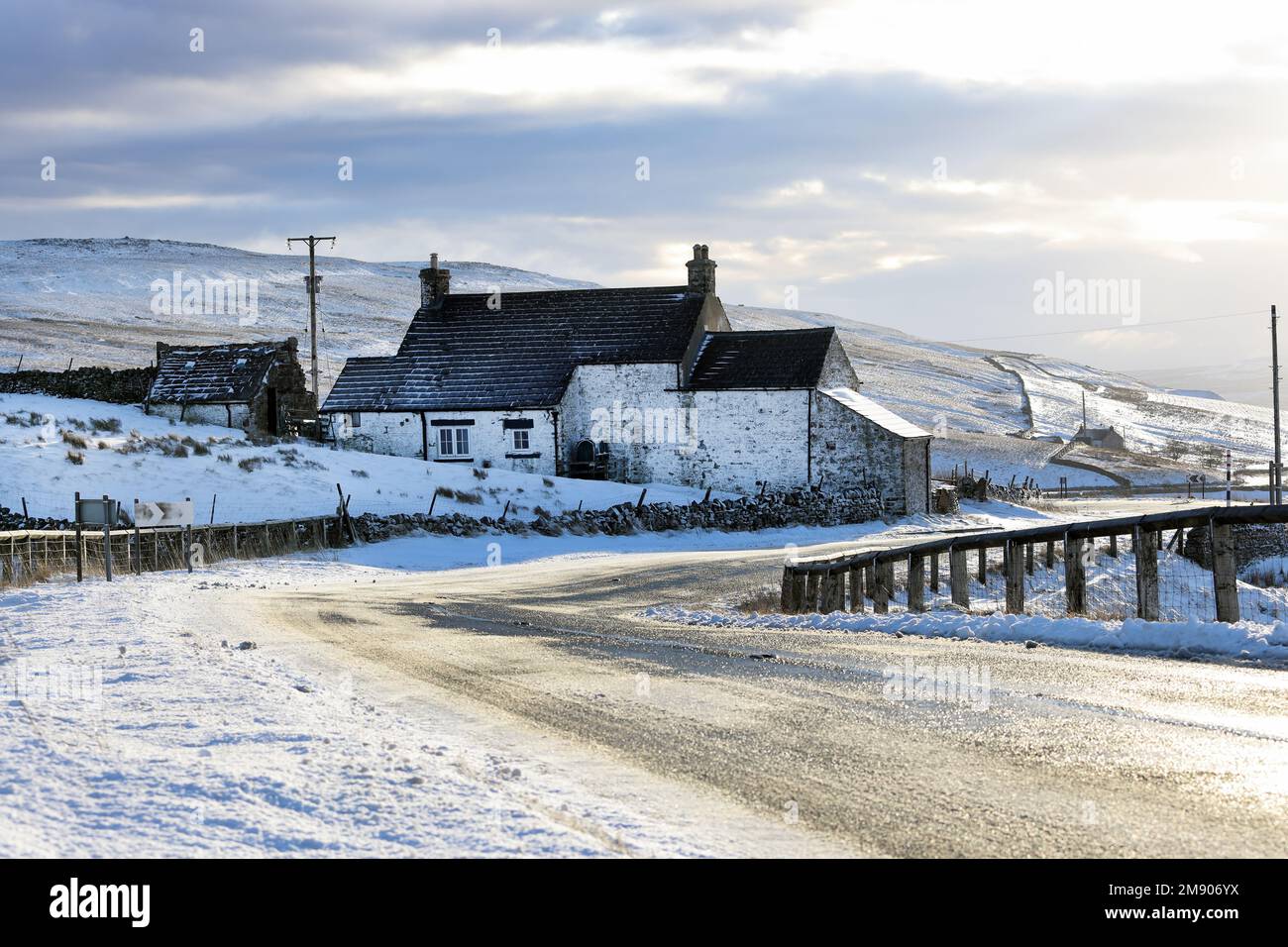 Teesdale, County Durham, UK. 16th January 2023. UK Weather. With a yellow weather warning in force further snow and ice are affecting parts of Teesdale, County Durham, Northeast England today. The forecast is for a brighter afternoon, but remaining cold. Credit: David Forster/Alamy Live News Stock Photo